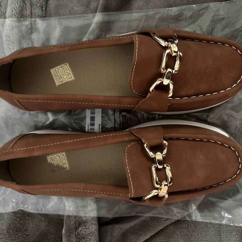 Chic Brown Loafers with Gold Chain Accent